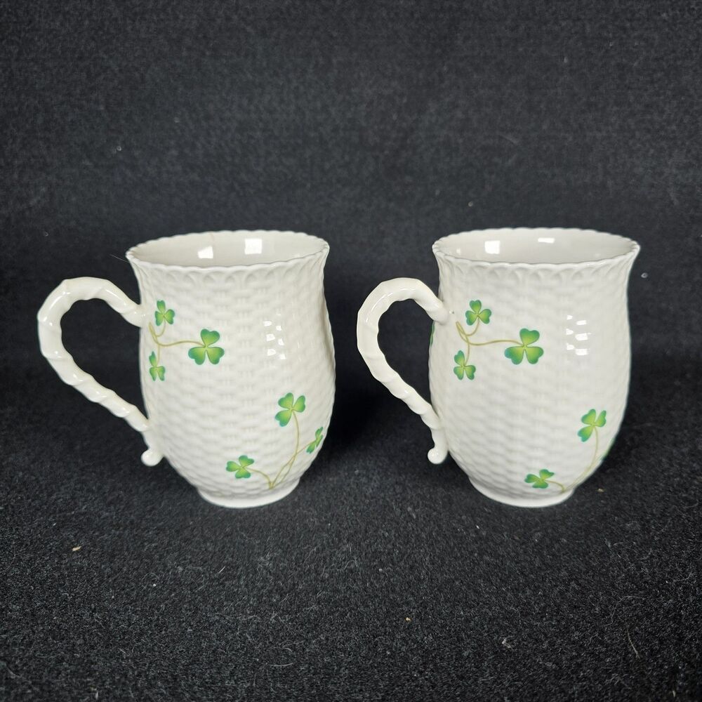 Pair Of Nantucket Home Shamrock Mugs With Basketweave Texture Irish Clover